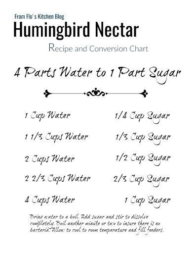 The bottom line is that a 1:4 ratio of sugar to water is the ideal concentration to attract hummingbirds because it best resembles their natural food source. ... Directions for making safe hummingbird food – Makes 1.25 Cups. Boil 1 cup of water. Stir in 1/4 cup of white granulated sugar. Continue to stir until the sugar dissolves.